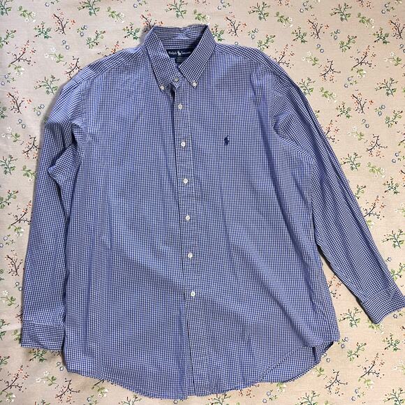 VTG Ralph Lauren Button Down Shirt Checker Blue Men 16.5 Yarmouth Cotton Oxford - Picture 1 of 4